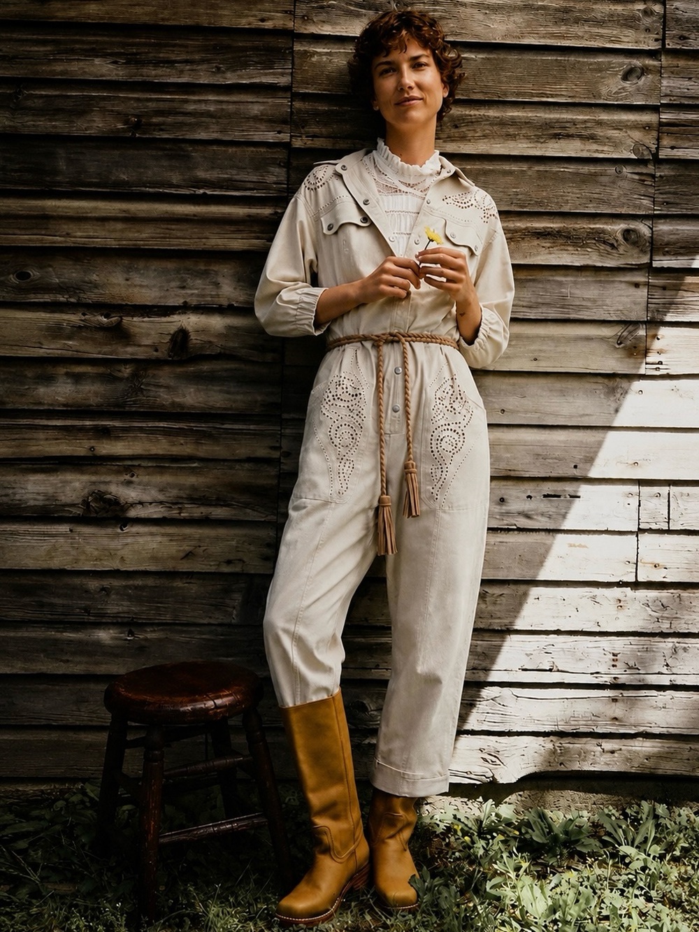Anthropologie | Cream Eyelet Sydney Embroidered Utility Cottage Core Jumpsuit S